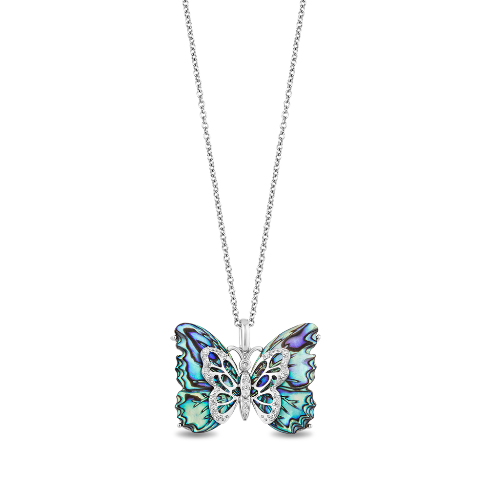Hallmark Fine Jewelry Social Butterfly Pendant in Sterling Silver and Aurora Borealis Blue Carved Mother of Pearl with Diamonds