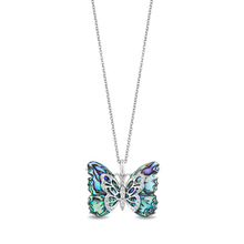 Load image into Gallery viewer, Hallmark Fine Jewelry Social Butterfly Pendant in Sterling Silver and Aurora Borealis Blue Carved Mother of Pearl with Diamonds
