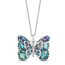 Load image into Gallery viewer, Hallmark Fine Jewelry Social Butterfly Pendant in Sterling Silver and Aurora Borealis Blue Carved Mother of Pearl with Diamonds
