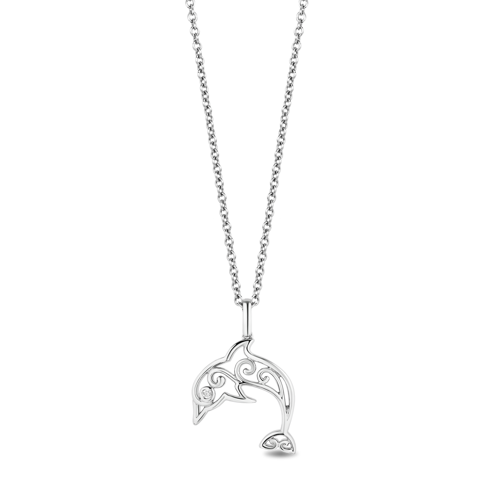 Hallmark Fine Jewelry Sea-Swirled Dolphin Pendant in Sterling Silver With Accent Diamonds