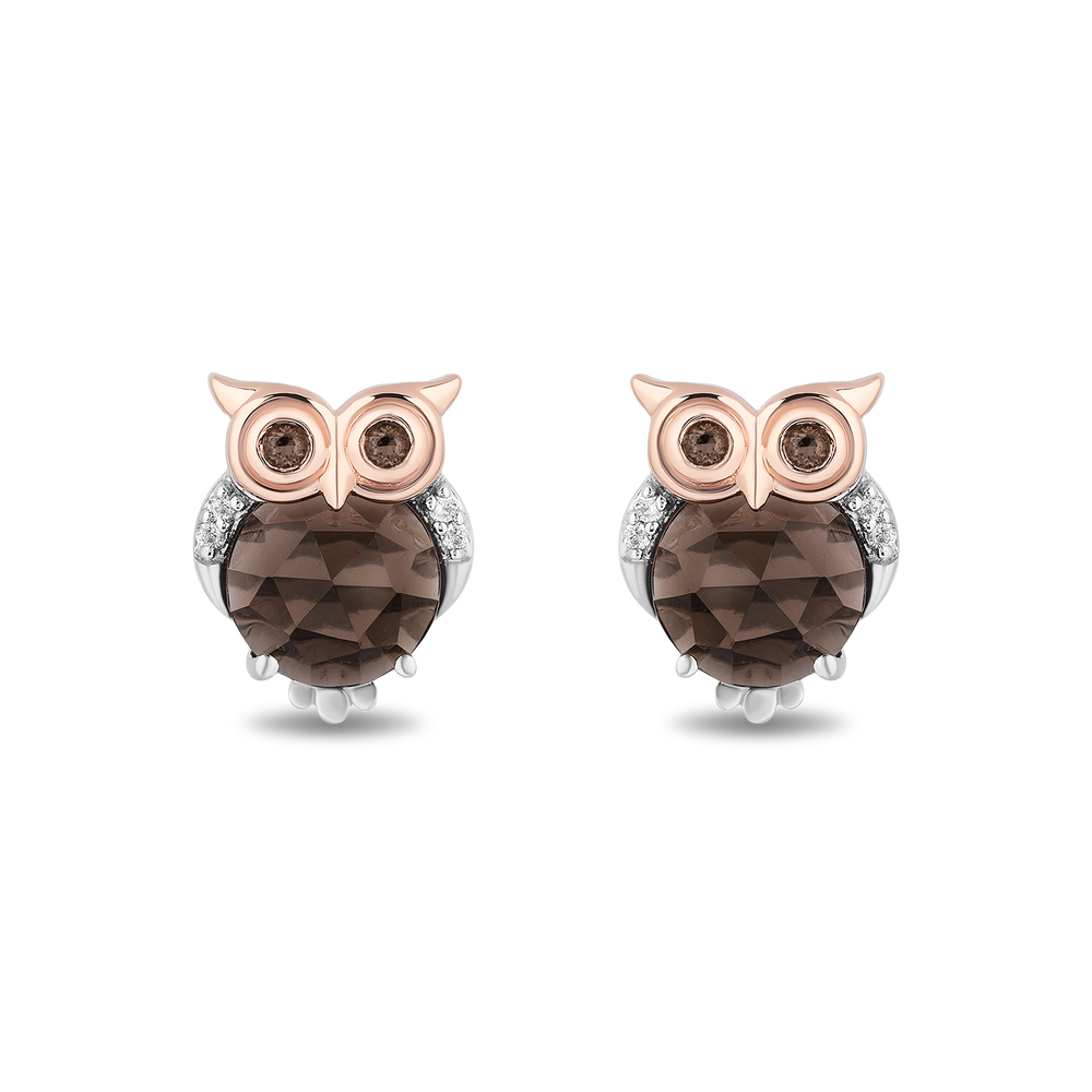 Hallmark Fine Jewelry Sterling Silver and 14K Rose Gold Smokey Quartz Owl Earrings