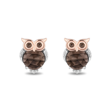 Load image into Gallery viewer, Hallmark Fine Jewelry Sterling Silver and 14K Rose Gold Smokey Quartz Owl Earrings
