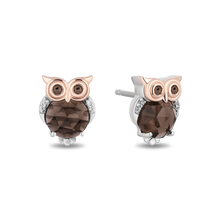 Load image into Gallery viewer, Hallmark Fine Jewelry Sterling Silver and 14K Rose Gold Smokey Quartz Owl Earrings
