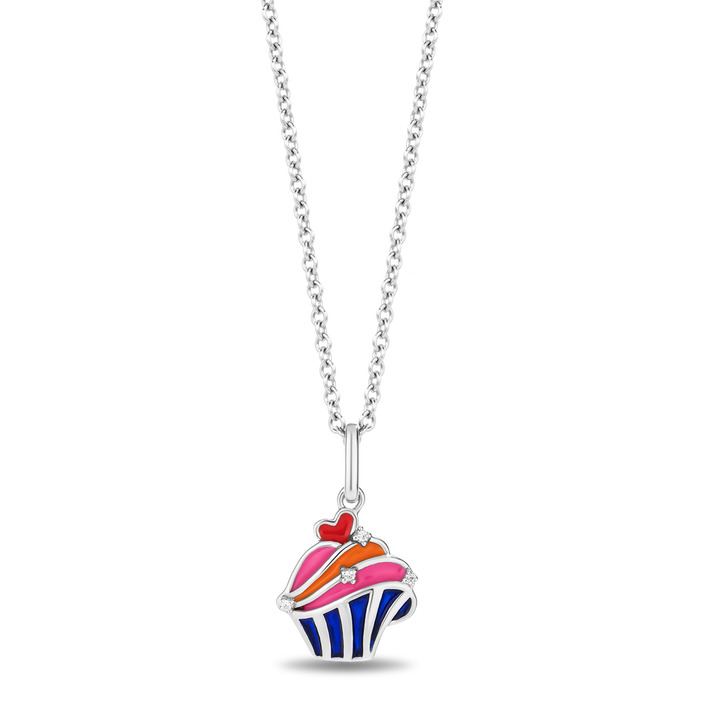 Hallmark Fine Jewelry Sterling Silver and Enamel Cupcake Necklace with Accent Diamonds