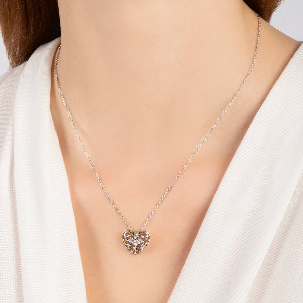 Hallmark Fine Jewelry Gilded Ornate Lace Heart Pendant in Sterling Silver and 14K Yellow Gold with Diamonds