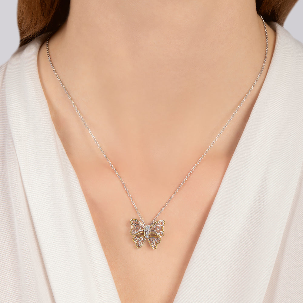 Hallmark Fine Jewelry Gilded Lace Butterfly Pendant in Sterling Silver & 14K Yellow Gold with Diamonds
