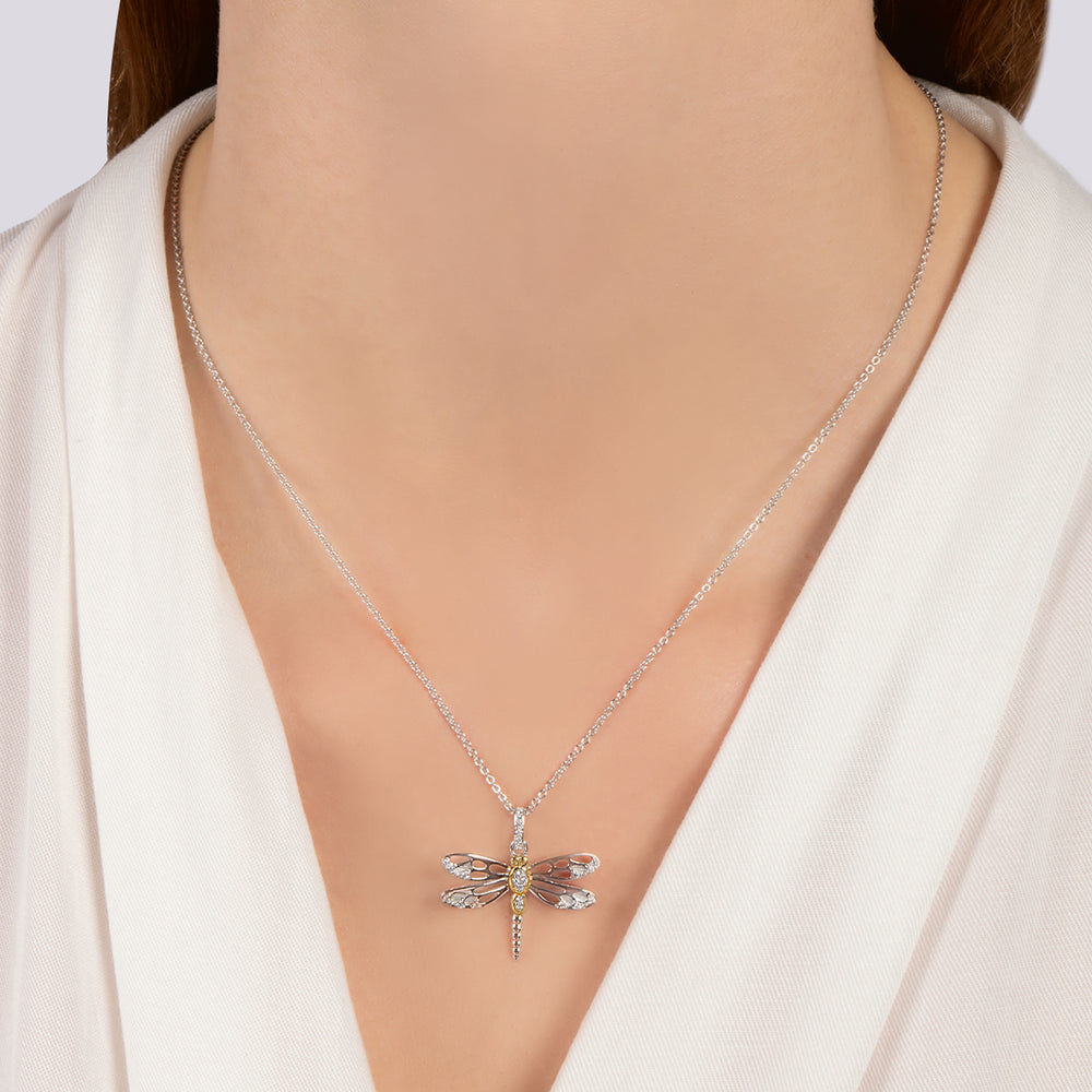 Hallmark Fine Jewelry Dragonfly Pendant in Sterling Silver & 14K Yellow Gold with Diamonds
