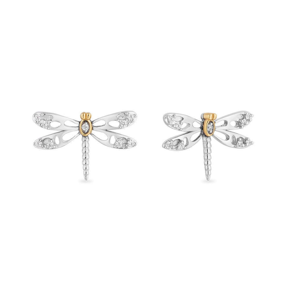 Hallmark Fine Jewelry Dragonfly Stud Diamond Earrings in Sterling Silver & Yellow Gold View 1