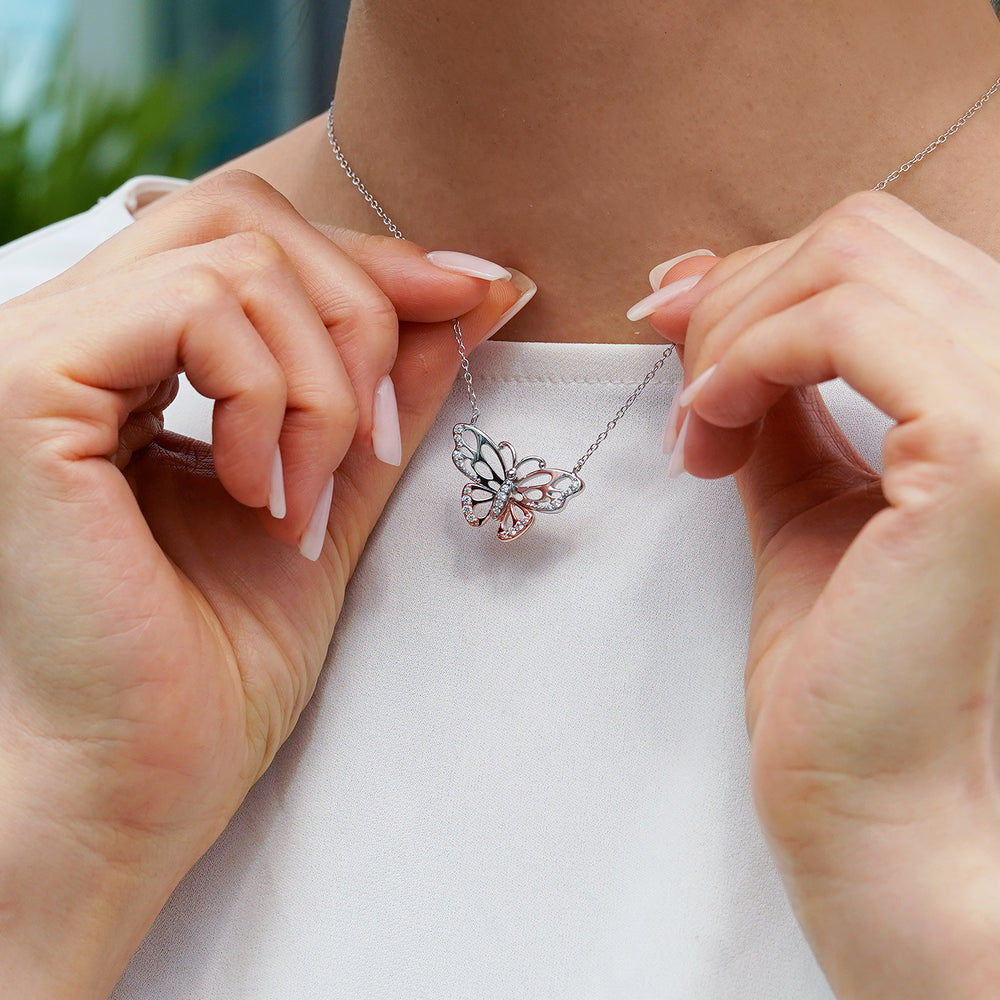 Hallmark Fine Jewelry Large Butterfly Necklace in Sterling Silver & 14K Rose Gold with Diamonds