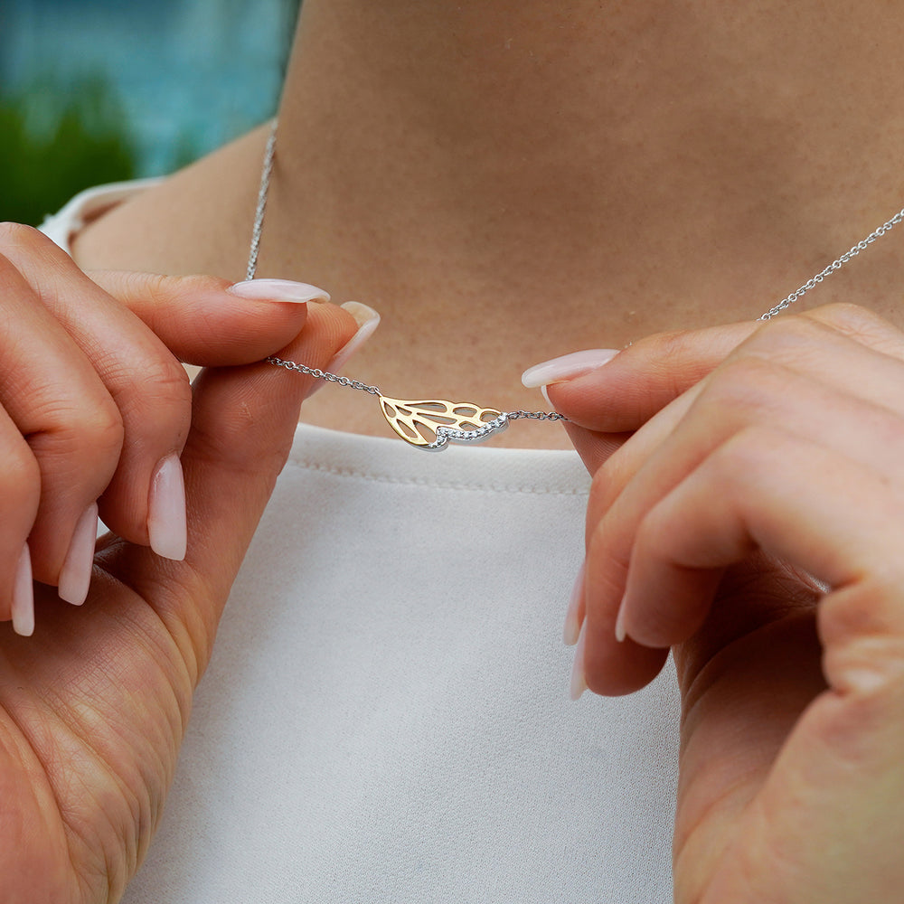 Hallmark Fine Jewelry Wild Wing Necklace in 14K Yellow Gold & Sterling Silver with Diamonds