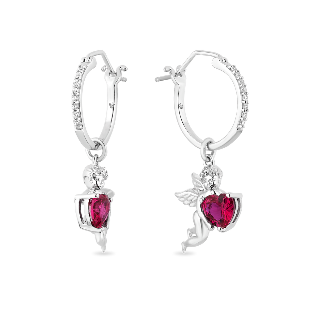 Hallmark Fine Jewelry Cupid Diamond Earrings in Sterling Silver & Created Ruby View 1