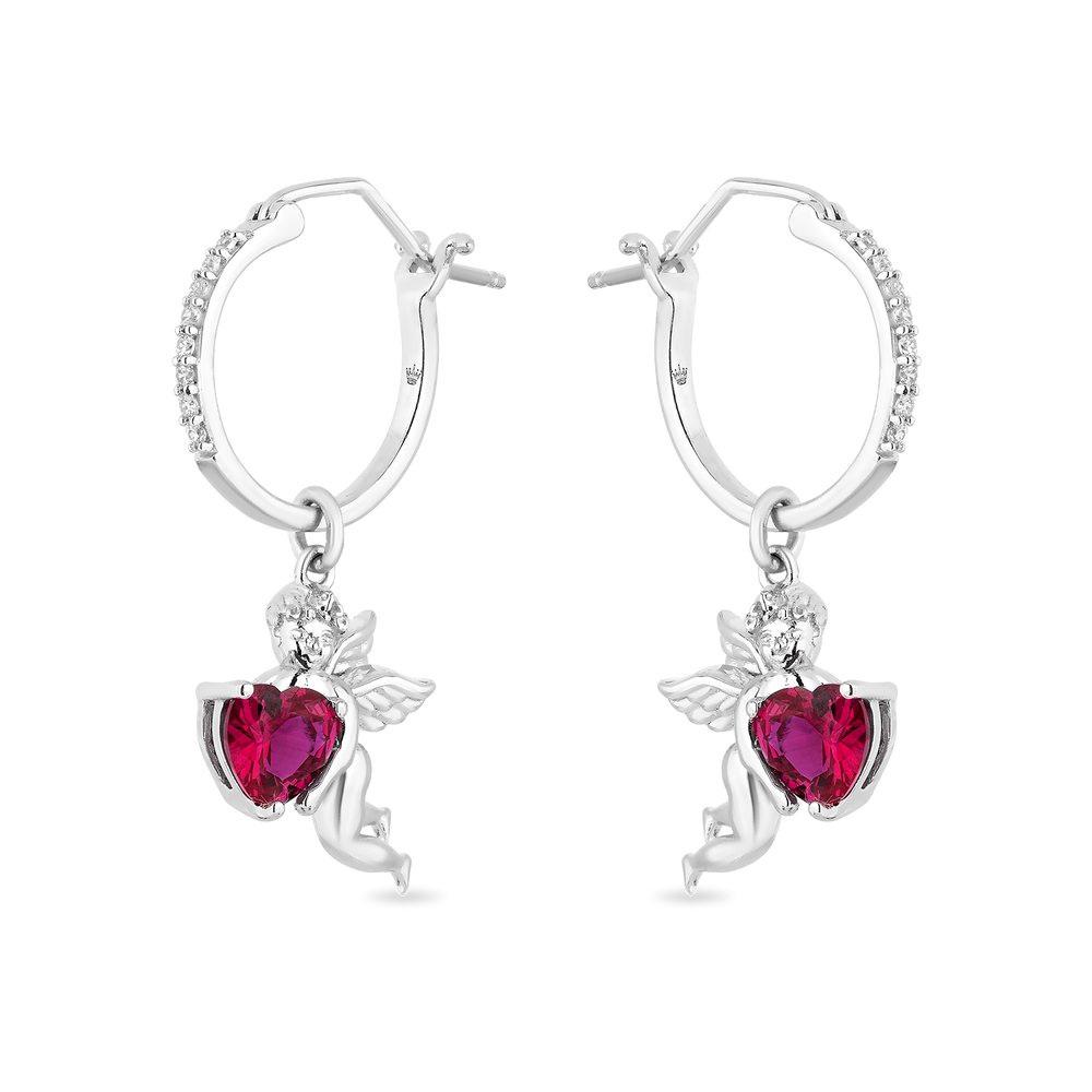 Hallmark Fine Jewelry Cupid Diamond Earrings in Sterling Silver & Created Ruby View 1
