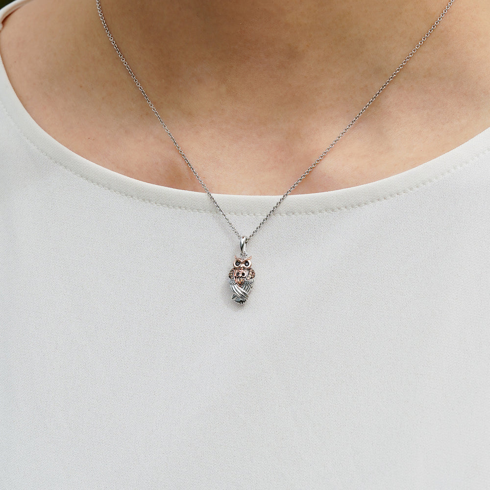 Hallmark Fine Jewelry Owl Embrace Pendant in Sterling Silver & 14K Rose Gold with Black Diamonds & Smoky Quartz