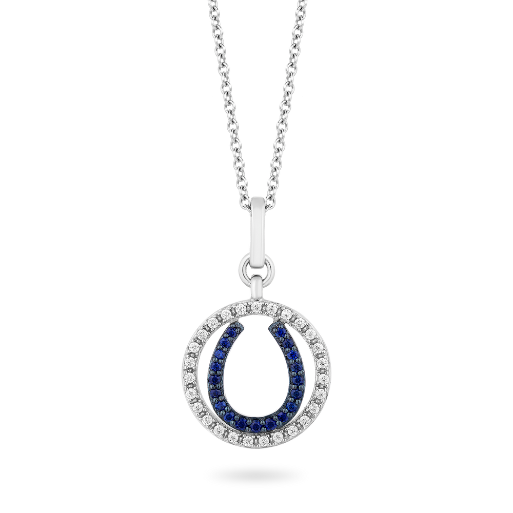 Hallmark Fine Jewelry Horseshoe Diamond Pendant in Sterling Silver & Created Blue Sapphire View 1