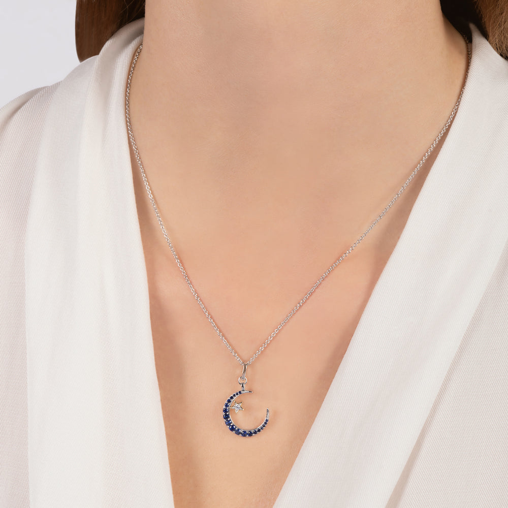 Hallmark Fine Jewelry Midnight Sky Crescent Moon Pendant in Sterling Silver & 14K Yellow Gold with Created Blue Sapphire & Diamond