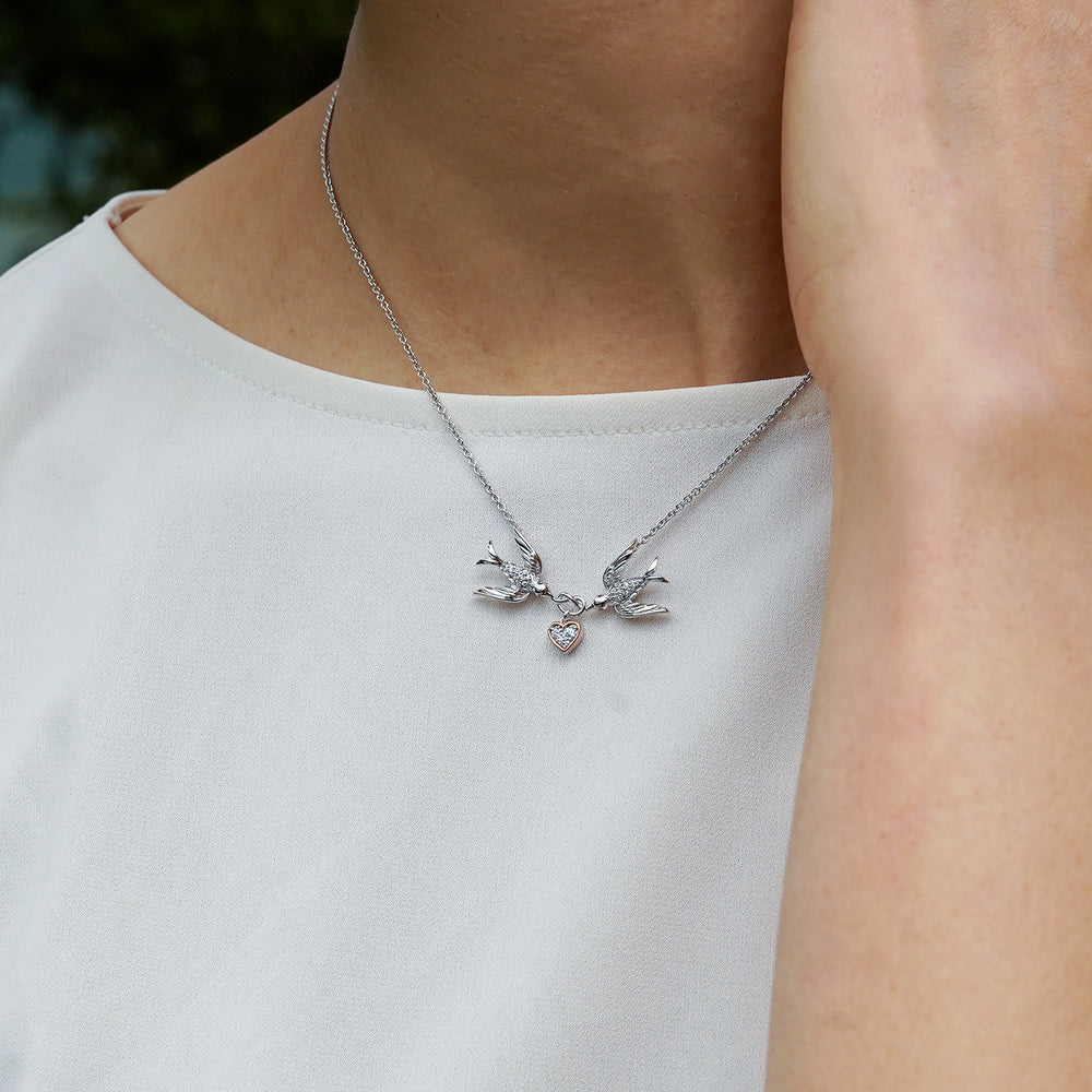 Hallmark Fine Jewelry Lovebird Necklace in Sterling Silver & 14K Rose Gold with Diamonds