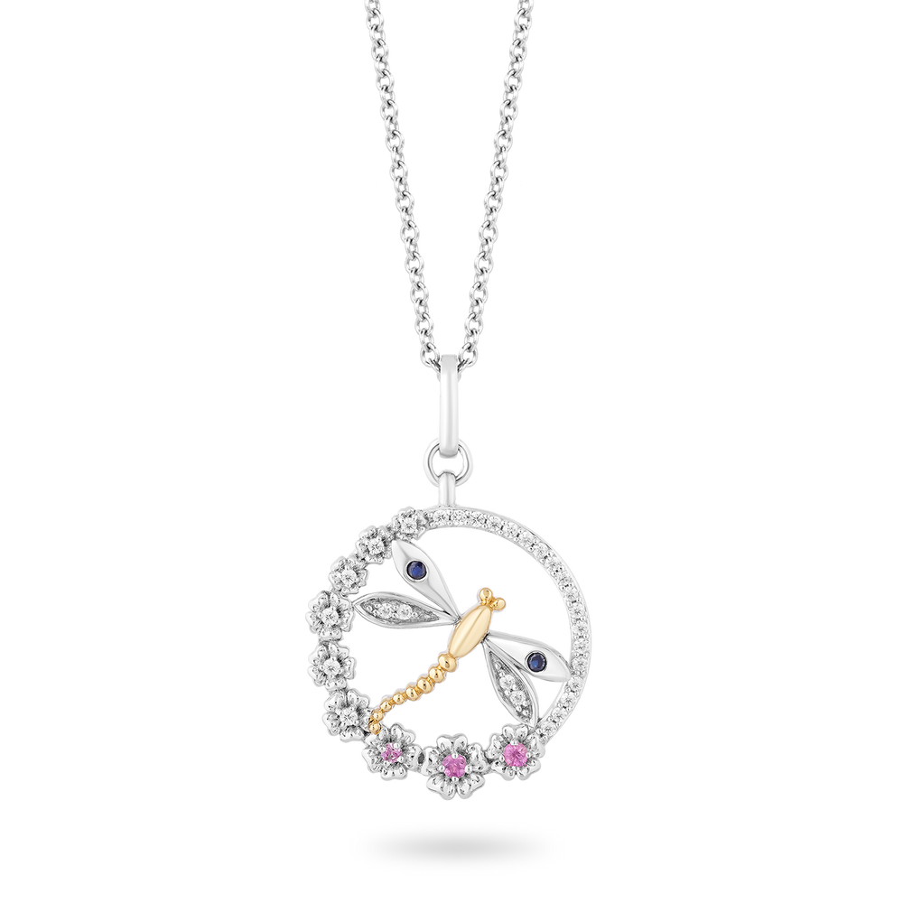 Hallmark Fine Jewelry Dragonfly Diamond Pendant in Sterling Silver & Yellow Gold with Created Pink Sapphire & Blue Sapphire View 1