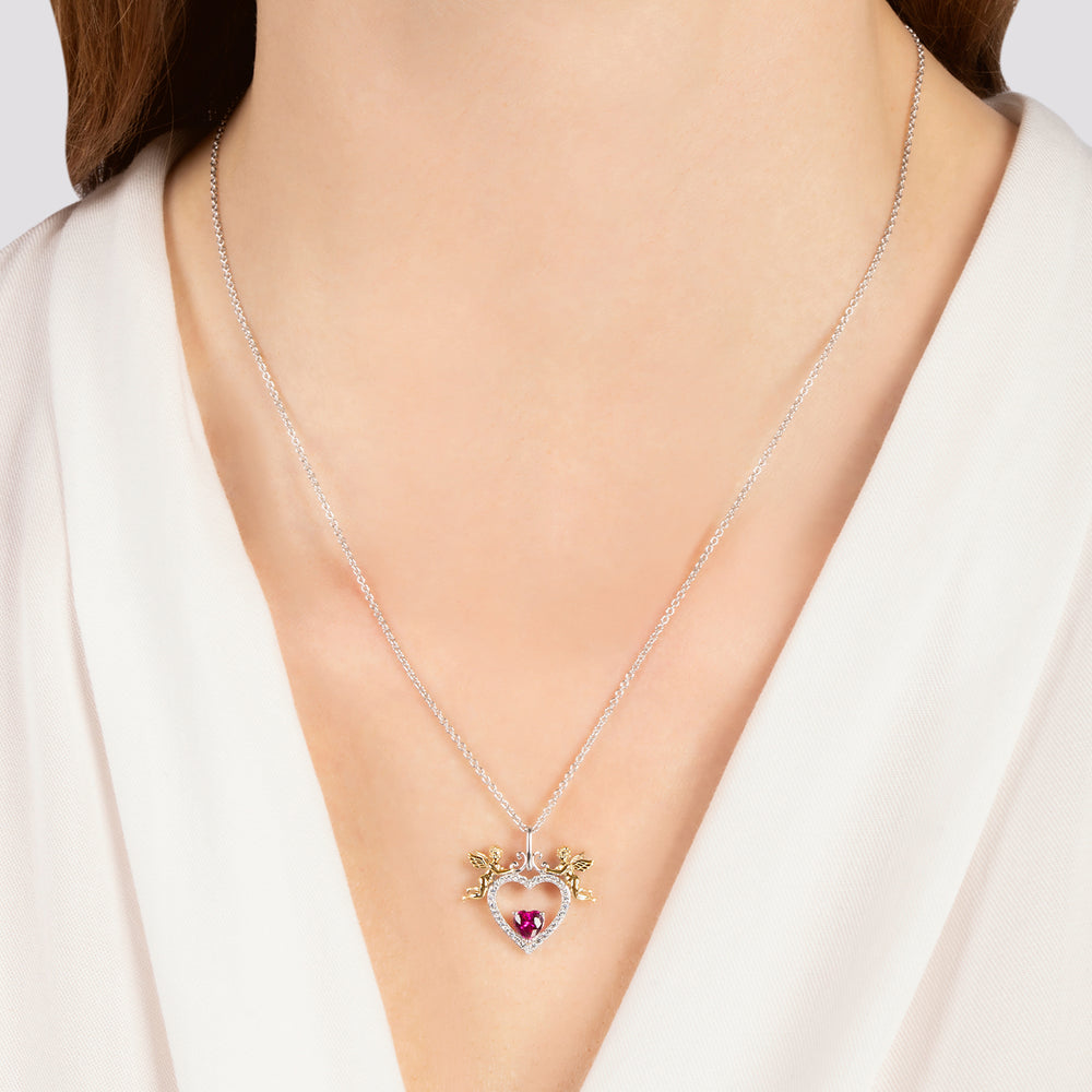 Hallmark Fine Jewelry Cupid’s Beating Heart Necklace in Sterling Silver & 14K Yellow Gold with Diamonds & Created Ruby