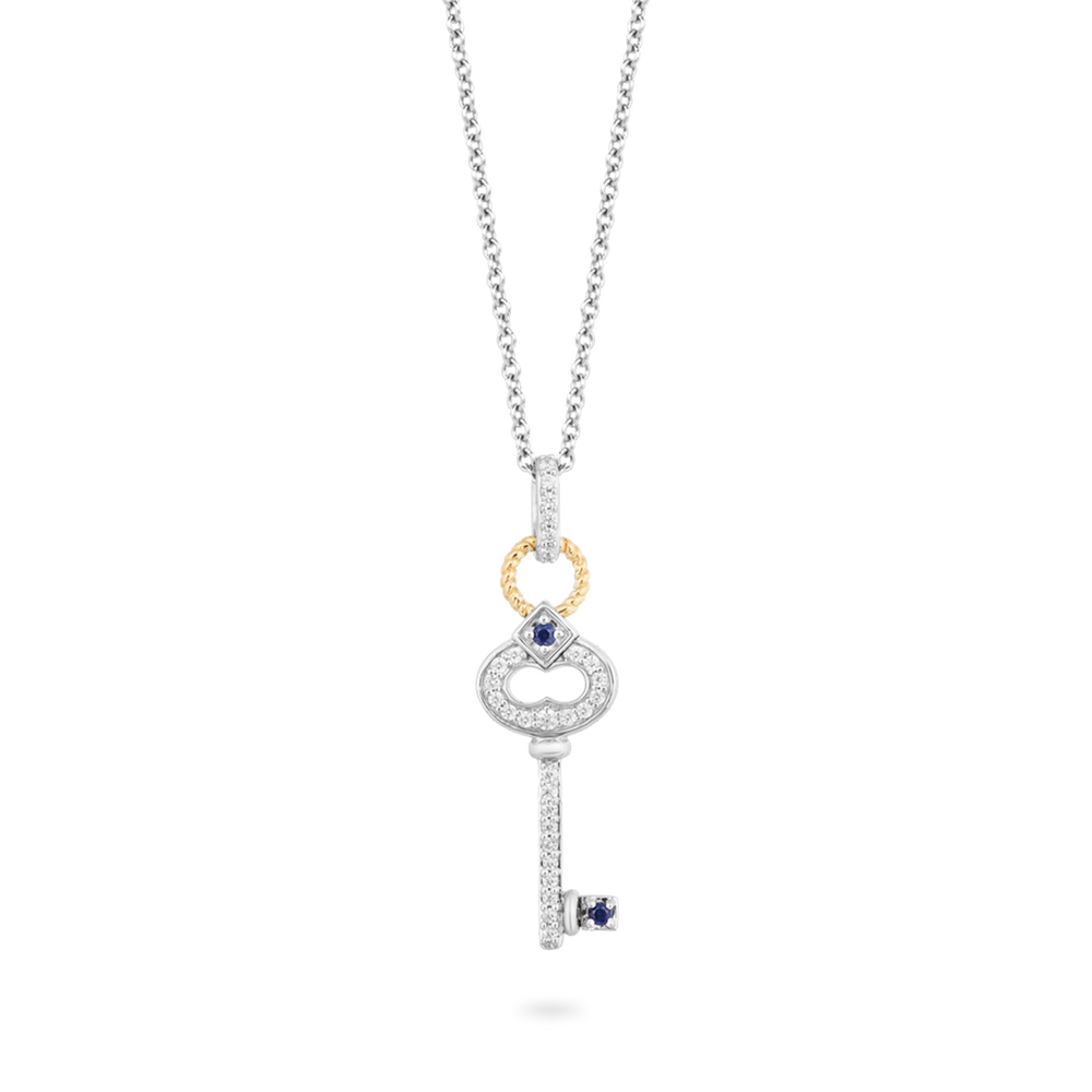 Hallmark Fine Jewelry Key Diamond Pendant in Sterling Silver & Yellow Gold & Created Blue Sapphire View 1