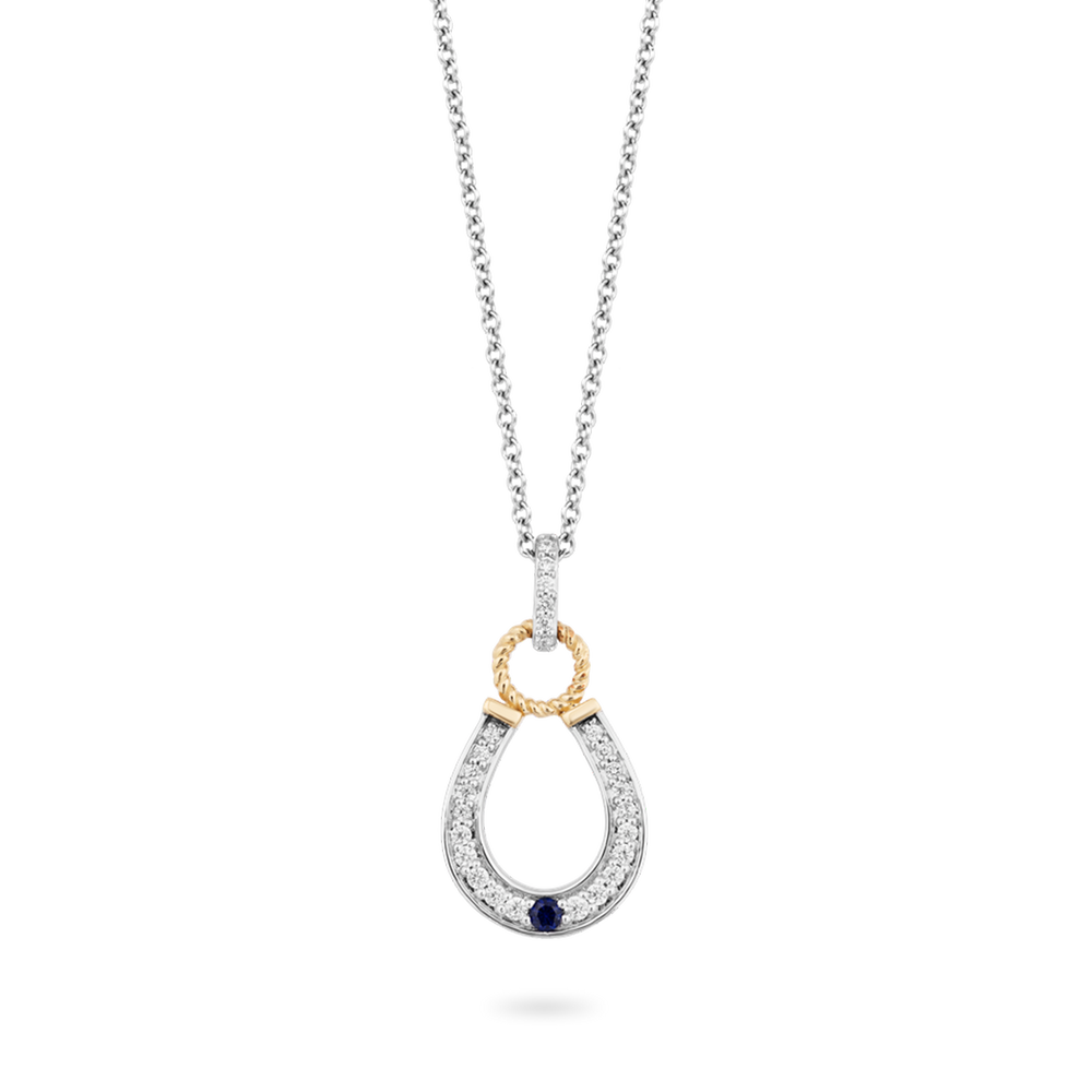 Hallmark Fine Jewelry Horseshoe Diamond Pendant in Sterling Silver & Yellow Gold & Created Blue Sapphire View 1