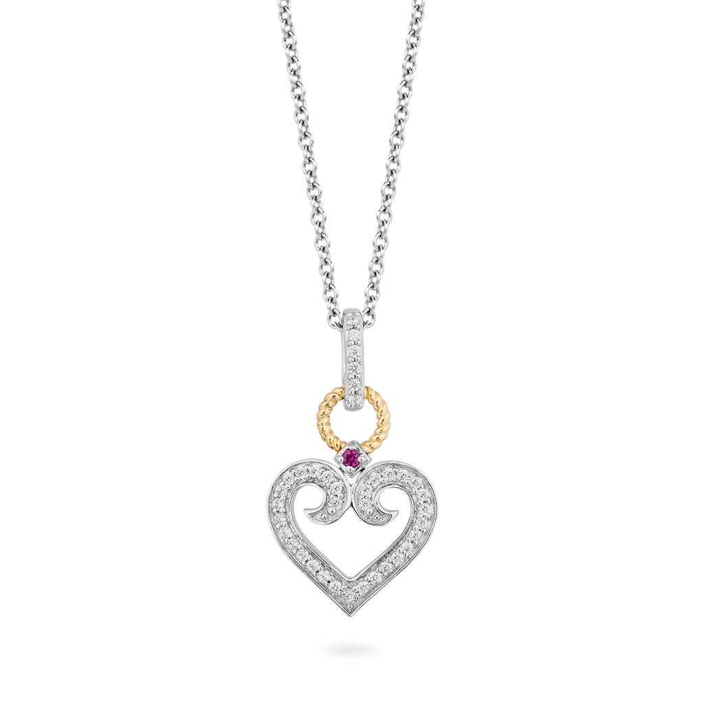 Ruby & Diamond Heart 14 Karat Yellow Gold Pendant on Rope Chain