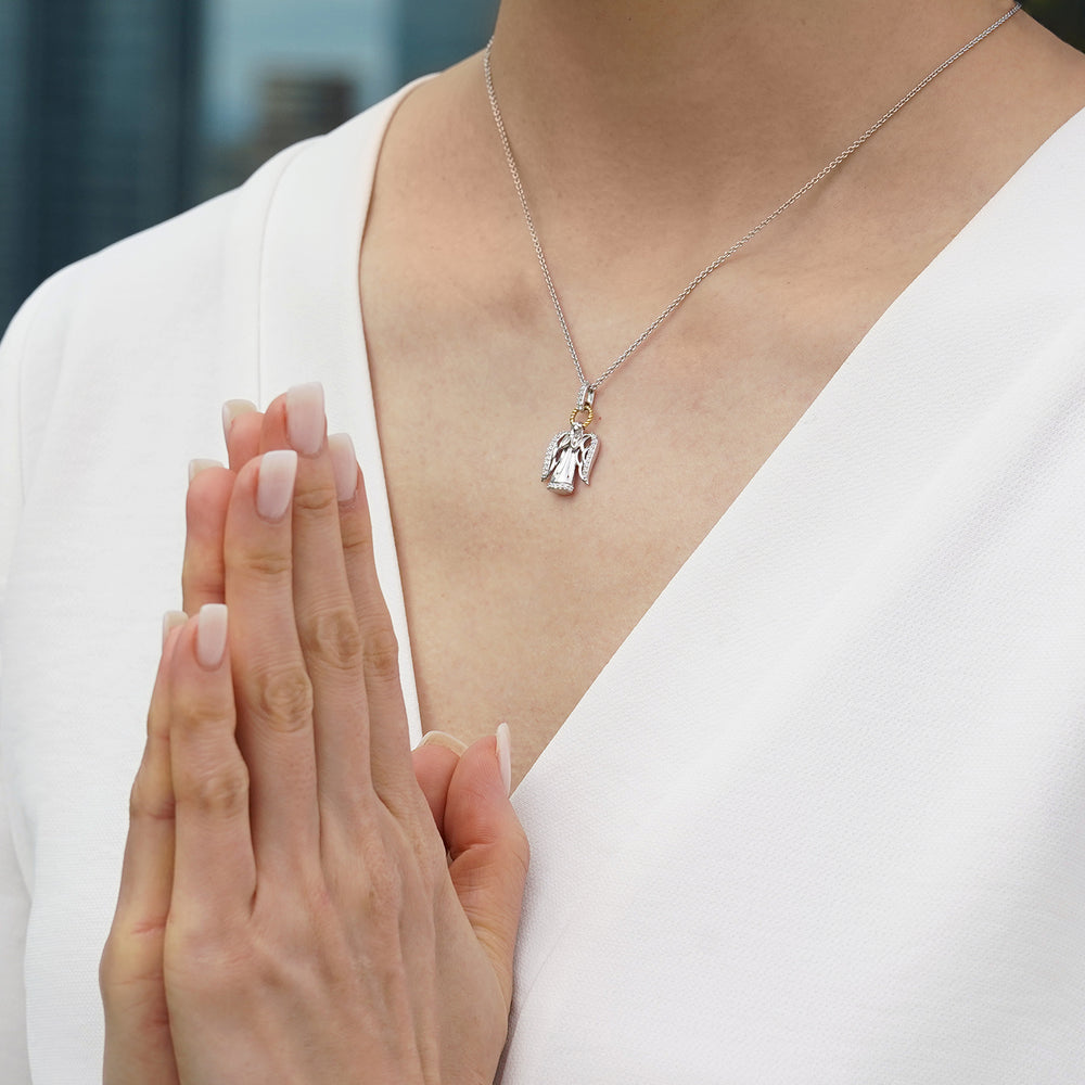 Hallmark Fine Jewelry Guardian Angel Pendant in Sterling Silver and 14K Yellow Gold with Diamonds