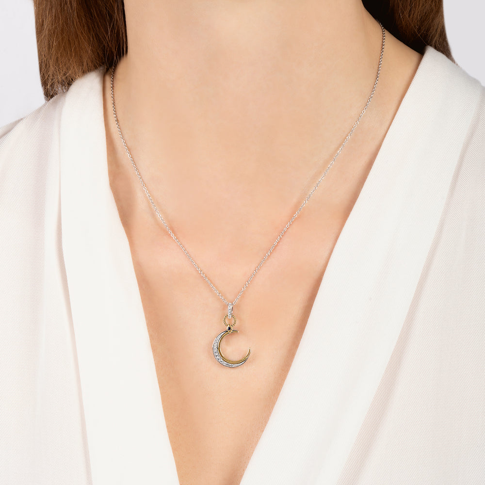 Hallmark Fine Jewelry Crescent Moon Pendant in Sterling Silver & 14K Yellow Gold with Diamonds & Created Blue Sapphire