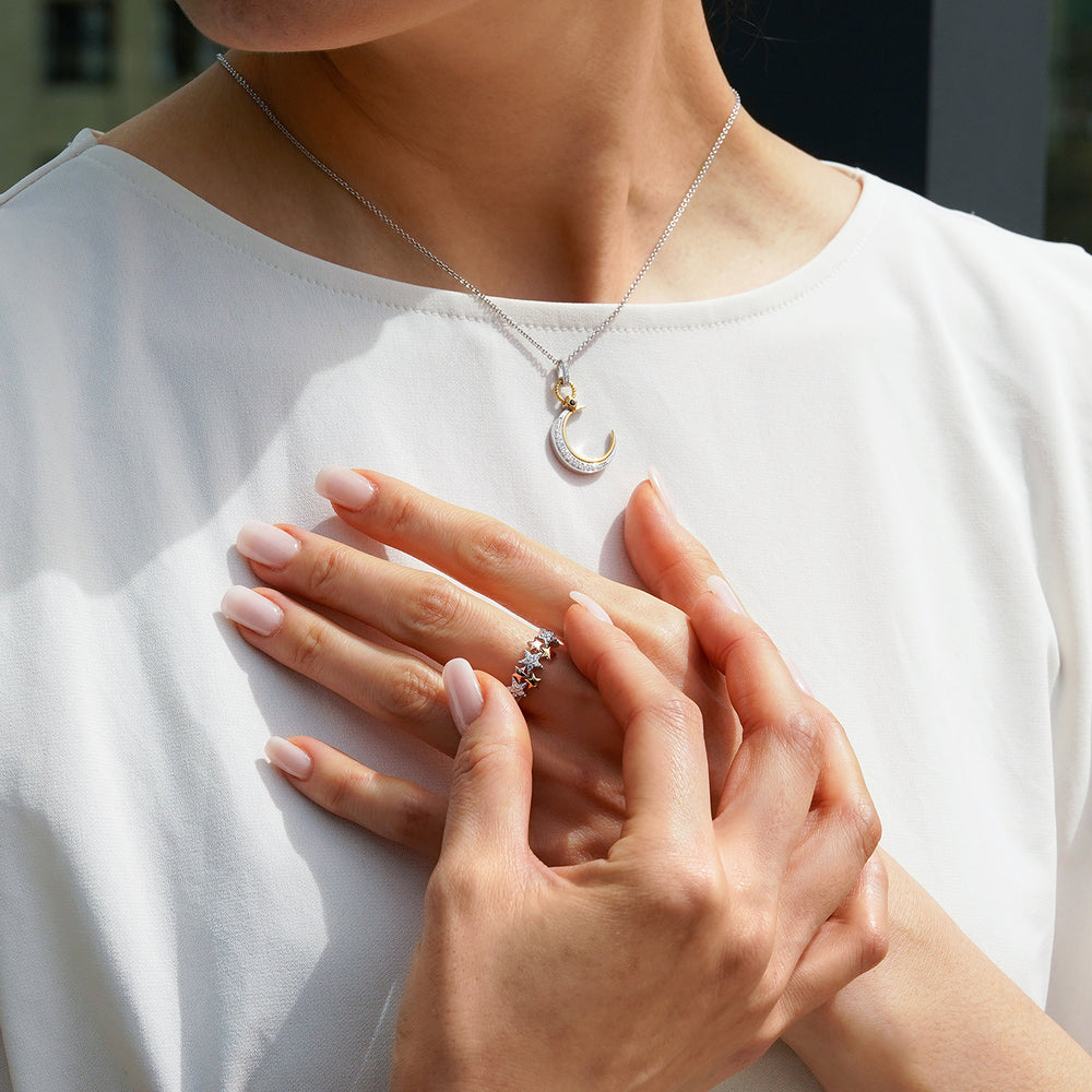 Hallmark Fine Jewelry Crescent Moon Pendant in Sterling Silver & 14K Yellow Gold with Diamonds & Created Blue Sapphire