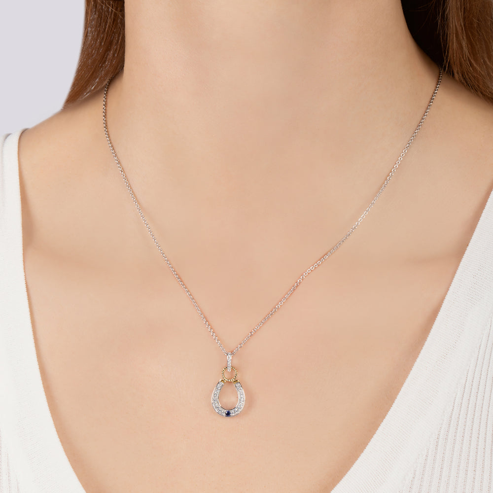 Hallmark Fine Jewelry Good Luck Horseshoe Pendant in Sterling Silver & 14K Yellow Gold with Created Blue Sapphire & Diamonds