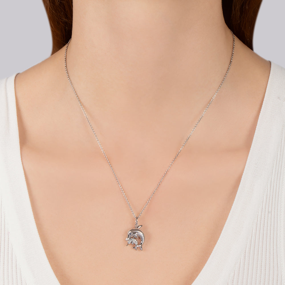 Hallmark Fine Jewelry Dolphin Mama & Baby Pendant in Sterling Silver with Blue & White Diamonds