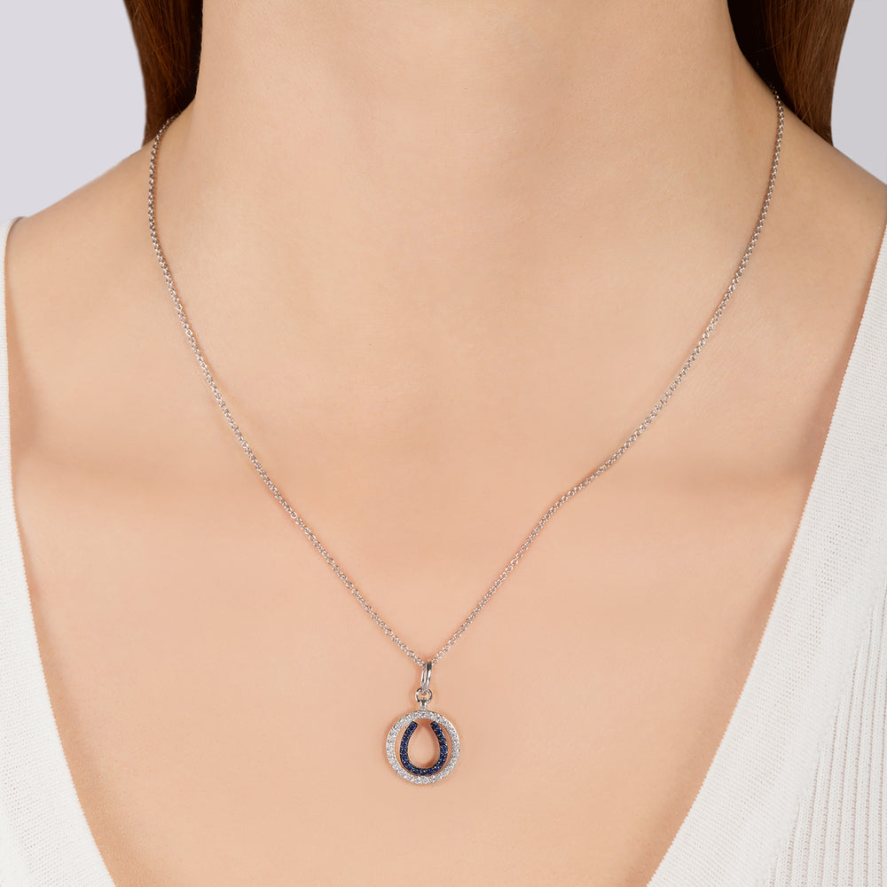Hallmark Fine Jewelry Horseshoe Medallion in Sterling Silver with Diamonds & Created Blue Sapphires