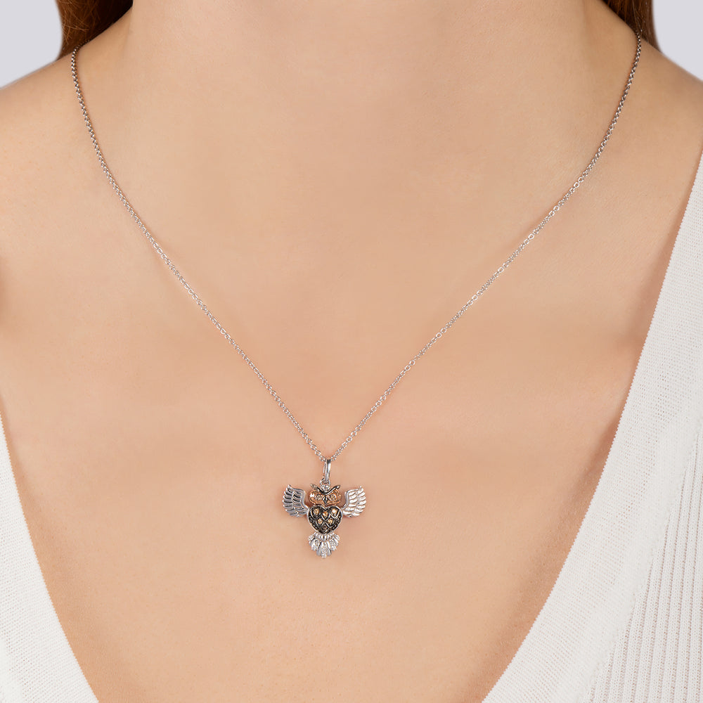 Hallmark Fine Jewelry Great Horned Owl Pendant in Sterling Silver & 14K Rose Gold with Champagne & White Diamonds
