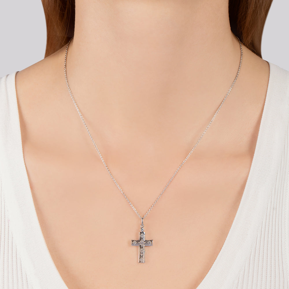 Hallmark Fine Jewelry Star Studded Cross Pendant in Sterling Silver with Diamonds