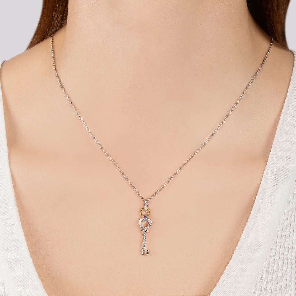 Hallmark Fine Jewelry Key To My Heart Pendant in Sterling Silver & 14K Yellow Gold with Created Ruby and Diamonds