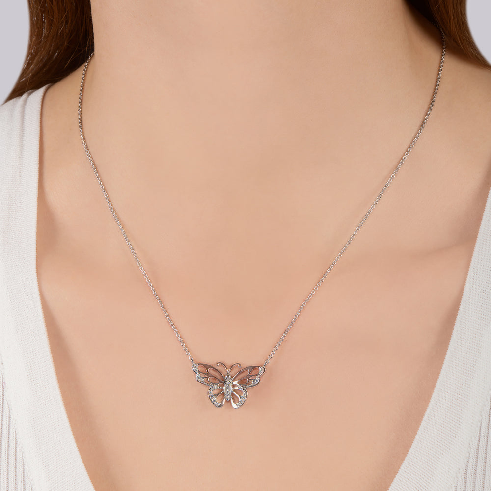 Hallmark Fine Jewelry Medium Butterfly Necklace in Sterling Silver with Diamonds