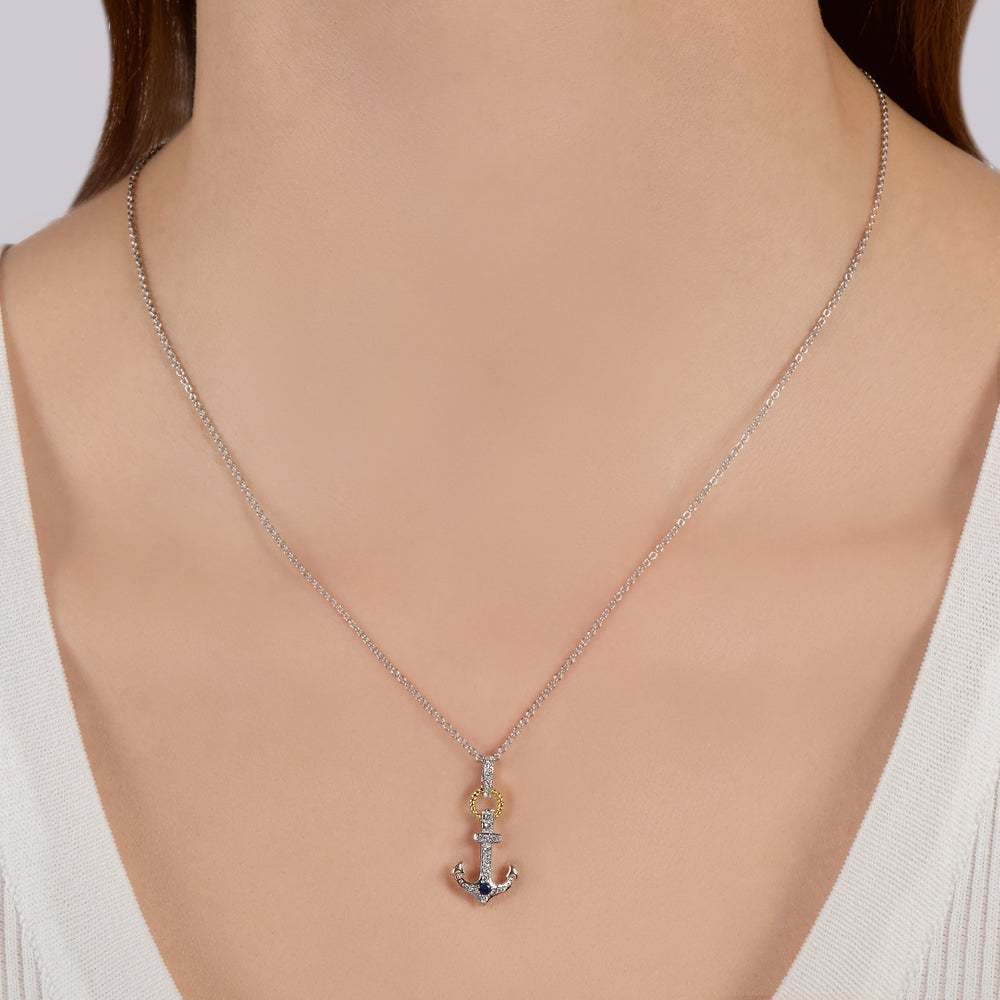 Hallmark Fine Jewelry Anchor Pendant in Sterling Silver and 14K Yellow Gold with Created Sapphire and Diamonds