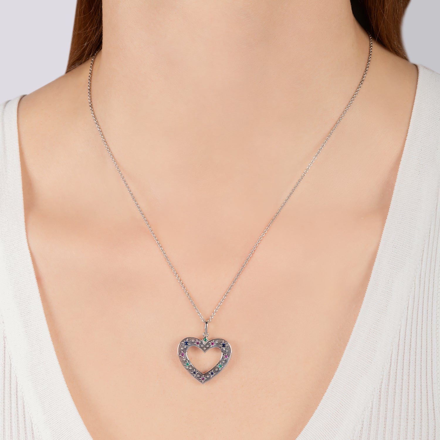 Custom Milgrain Heart Diamond and Gemstone Necklace 14k, 18k Gold