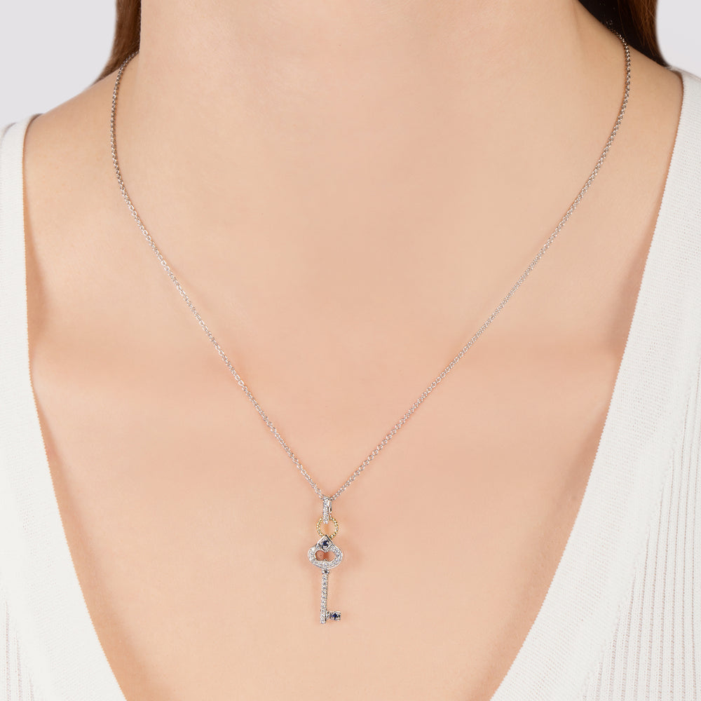Hallmark Fine Jewelry Diamond Key Pendant in Sterling Silver & 14K Yellow Gold with Created Blue Sapphire & Diamonds