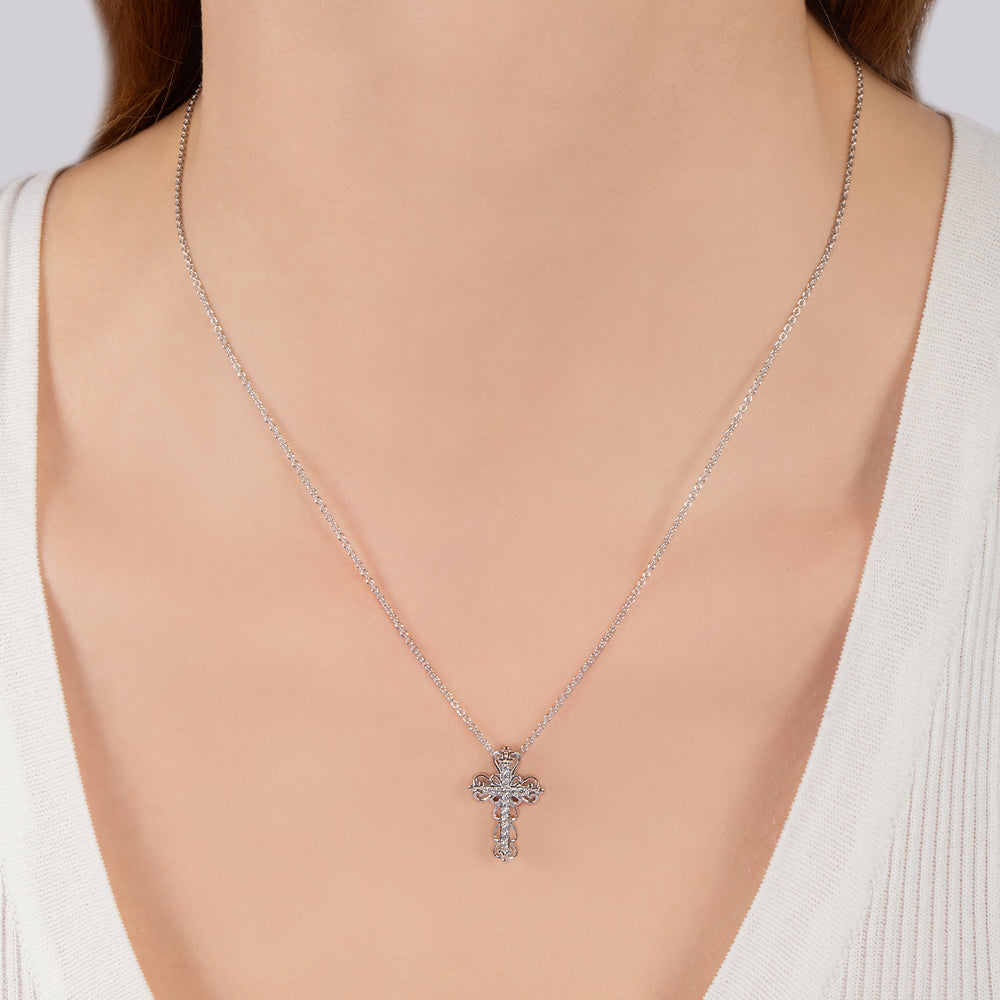 Hallmark Fine Jewelry Lacy Cross Pendant in Sterling Silver with Diamonds