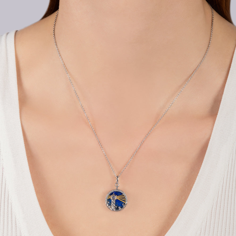 Hallmark Fine Jewelry Lighthouse Medallion in Sterling Silver & 14K Yellow Gold with Diamonds & Lapis
