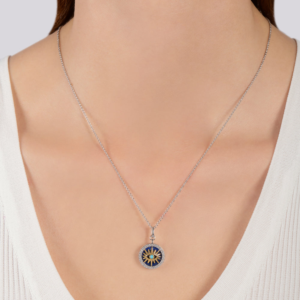 Hallmark Fine Jewelry Evil Eye Medallion in Sterling Silver & 14K Yellow Gold with Lapis & Synthetic Turquoise