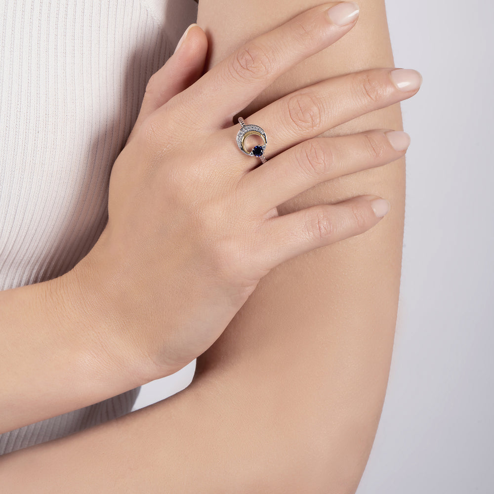 Hallmark Fine Jewelry Crescent Moon Ring in Sterling Silver & 14K Yellow Gold with Created Sapphire & Diamonds