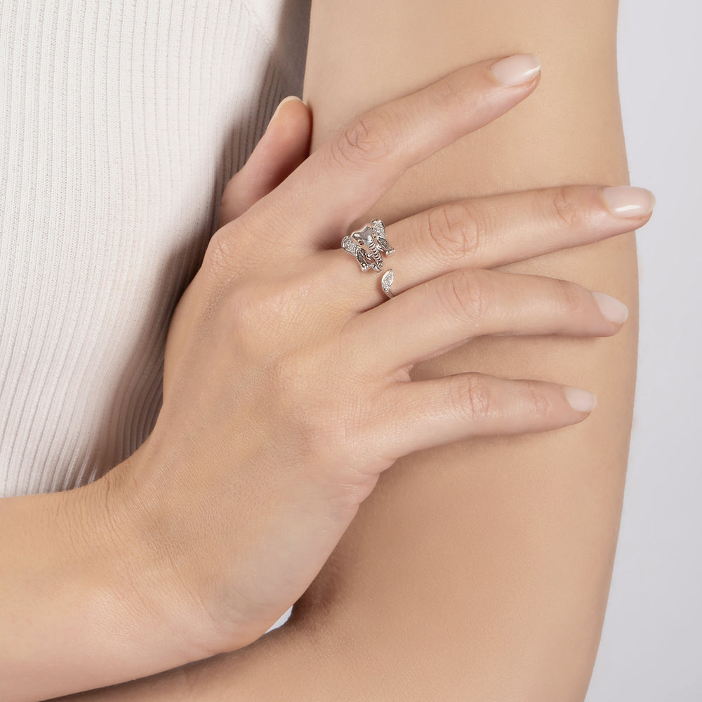 Hallmark Fine Jewelry Elephant Wrap Ring in Sterling Silver with White & Champagne Diamonds