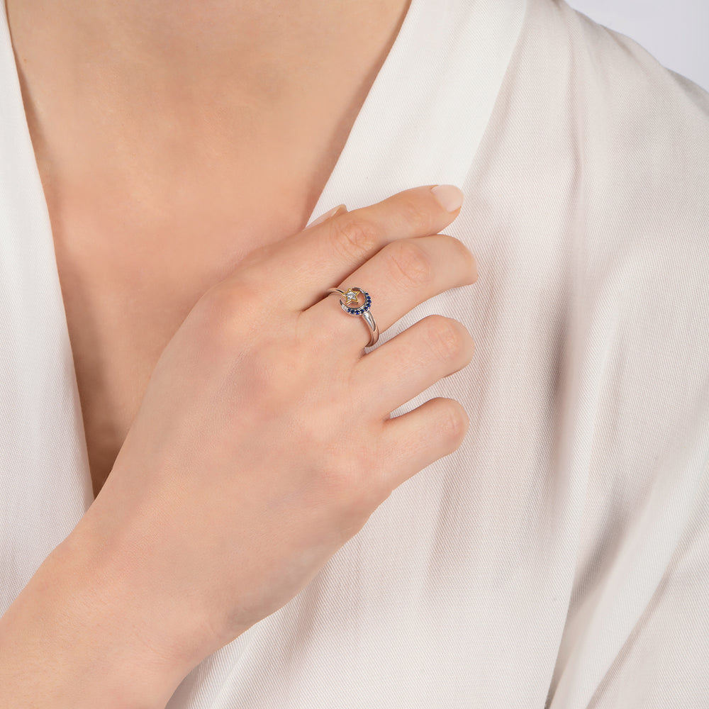 Hallmark Fine Jewelry Midnight Sky Crescent Moon Ring in Sterling Silver & 14K Yellow Gold with Created Blue Sapphires and Diamond
