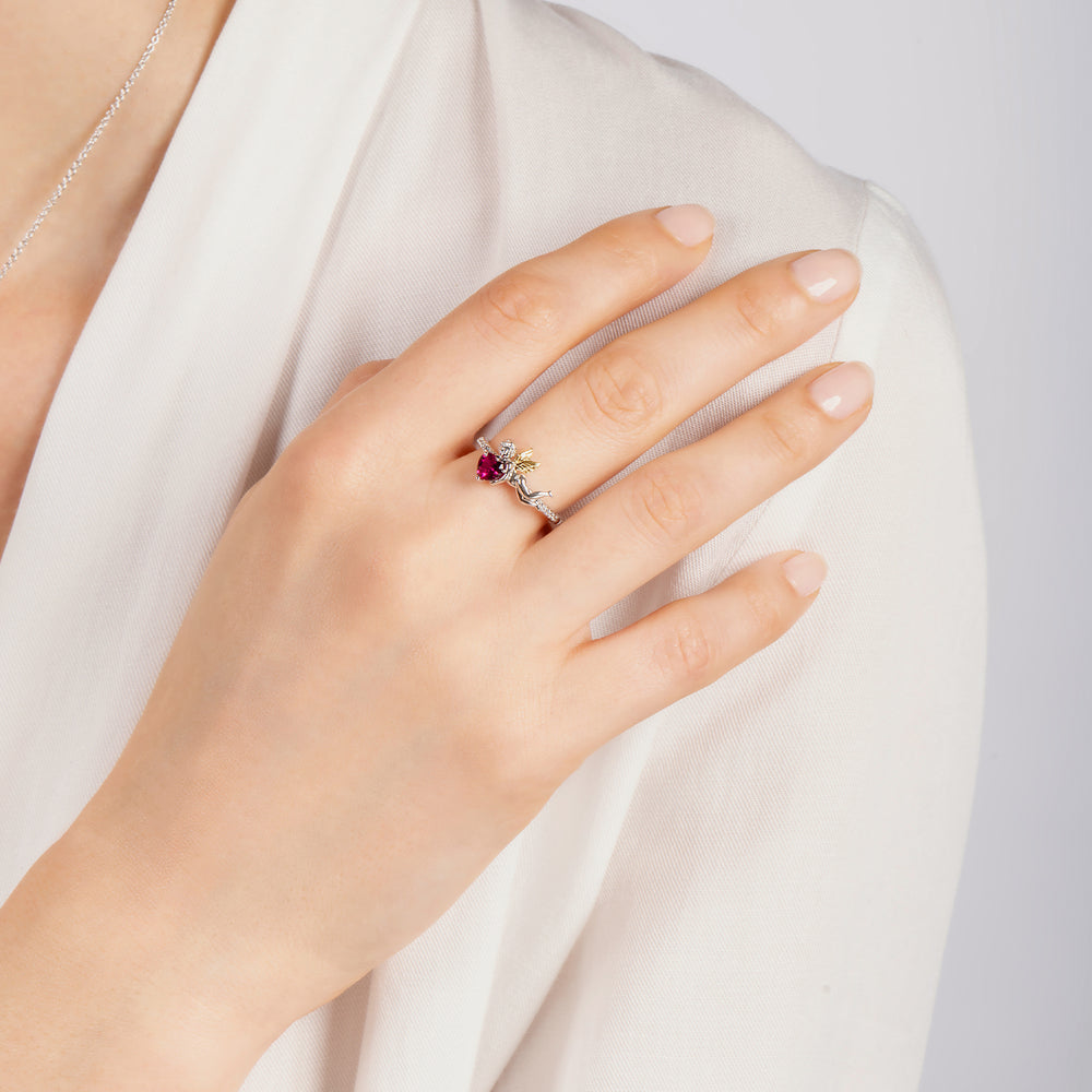 Hallmark Fine Jewelry Cupid’s Love Ring in Sterling Silver & 14K Yellow Gold with Diamonds & Created Ruby