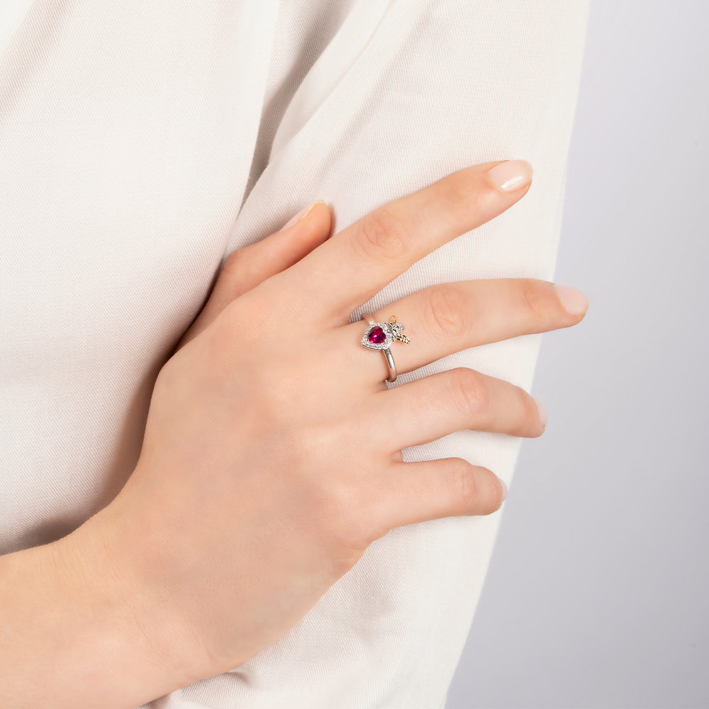 Hallmark Fine Jewelry I Heart You Ring in Sterling Silver & 14K Yellow Gold with Diamonds & Created Ruby