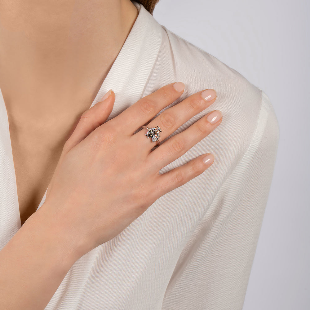 Hallmark Fine Jewelry Mother Owl & Baby Owlet Ring in Sterling Silver & 14K Rose Gold with Champagne & White Diamonds