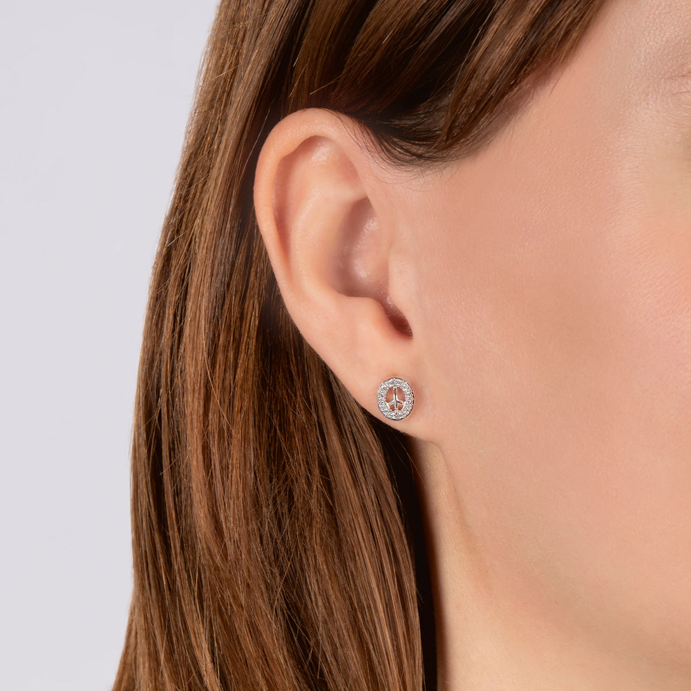 Hallmark Fine Jewelry Peace Sign Stud Earrings in Sterling Silver with 1/8 Cttw of Diamonds
