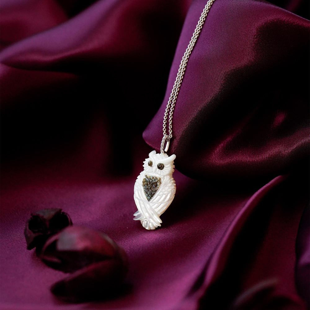 Hallmark Fine Jewelry Wise Mother Owl Pendant in Carved Mother of Pearl and Sterling Silver with Diamonds