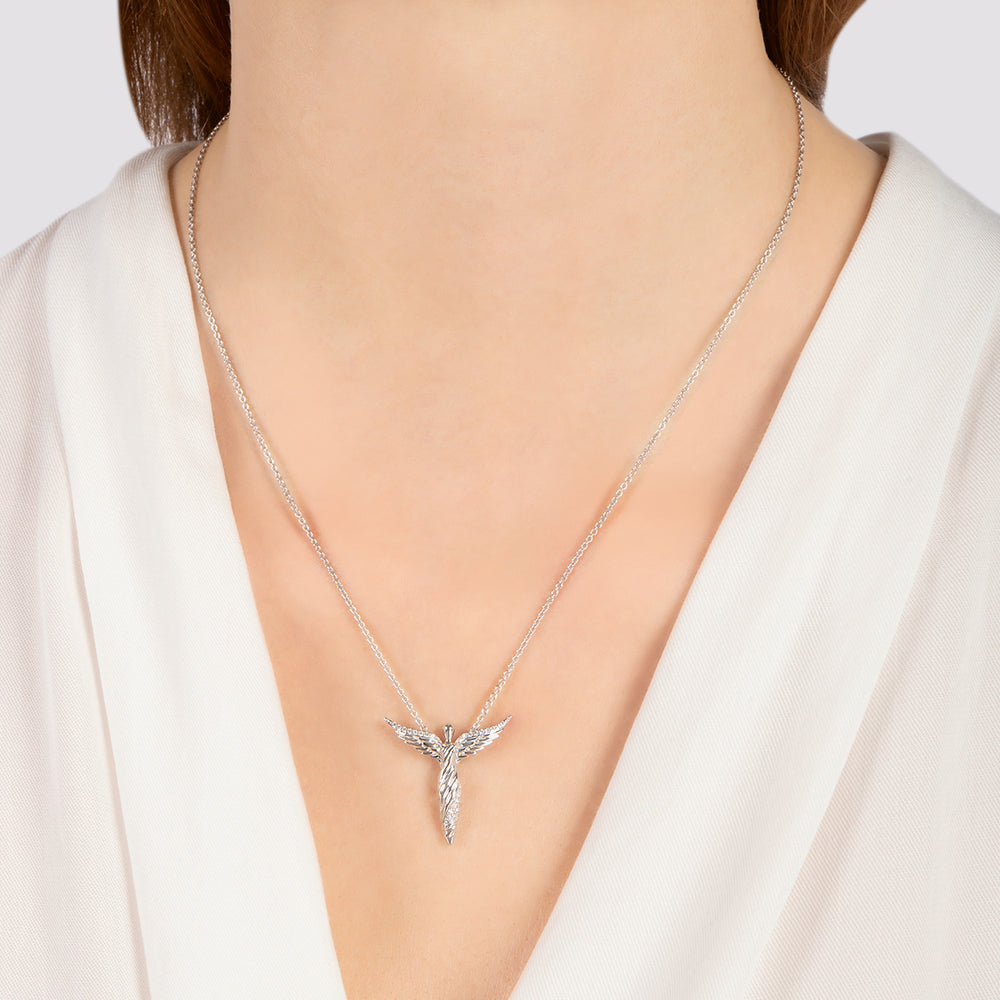 Hallmark Fine Jewelry Modern Sculpted Angel Necklace in Sterling Silver with 1/8 Cttw of Diamonds
